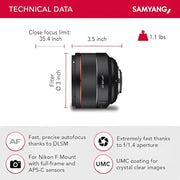 Samyang AF 85mm f/1.4 Lens for Nikon F